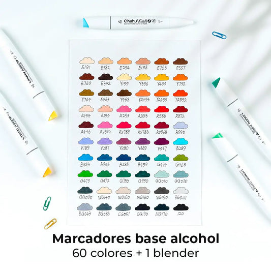 Set de marcadores al alcohol Kaala B Ohuhu 60 colores PUNTA BISELADA LARGA Y MINI PINCEL