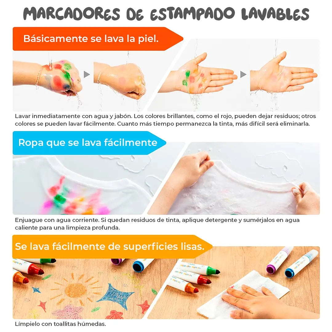 Marcadores para niños lavables Kainani 12 colores Punta cono y estampa