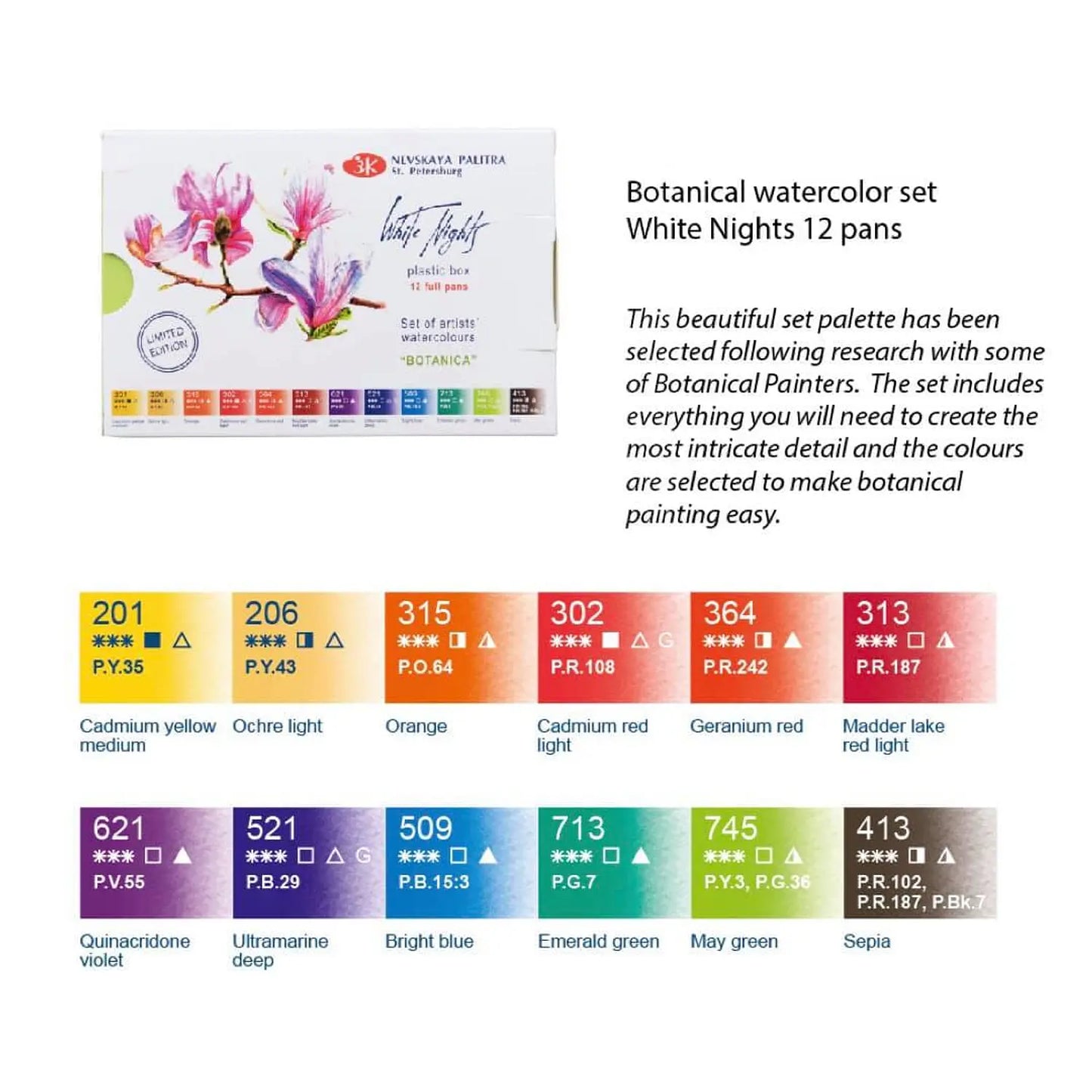 Acuarelas White Night 12 colores botanicos
