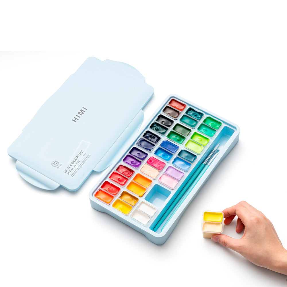 HIMI SET GOUACHE 36 COLORES / 12GR + INCLUYE 3 PINCELES ESTUCHE AZUL