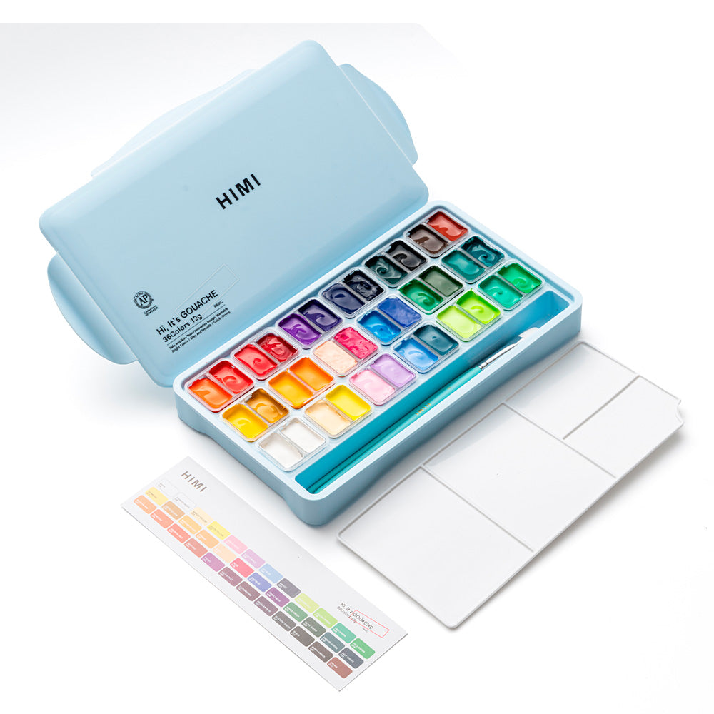 HIMI SET GOUACHE 36 COLORES / 12GR + INCLUYE 3 PINCELES ESTUCHE AZUL