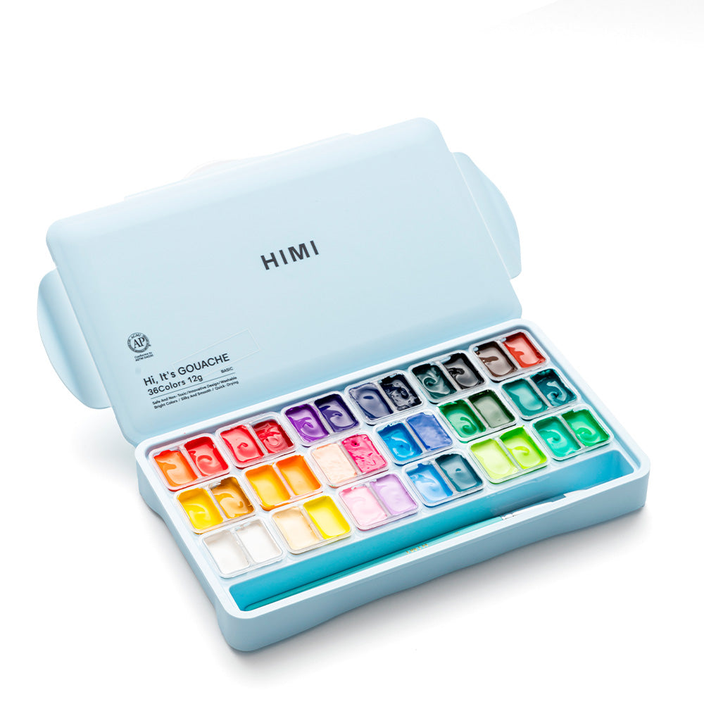 HIMI SET GOUACHE 36 COLORES / 12GR + INCLUYE 3 PINCELES ESTUCHE AZUL