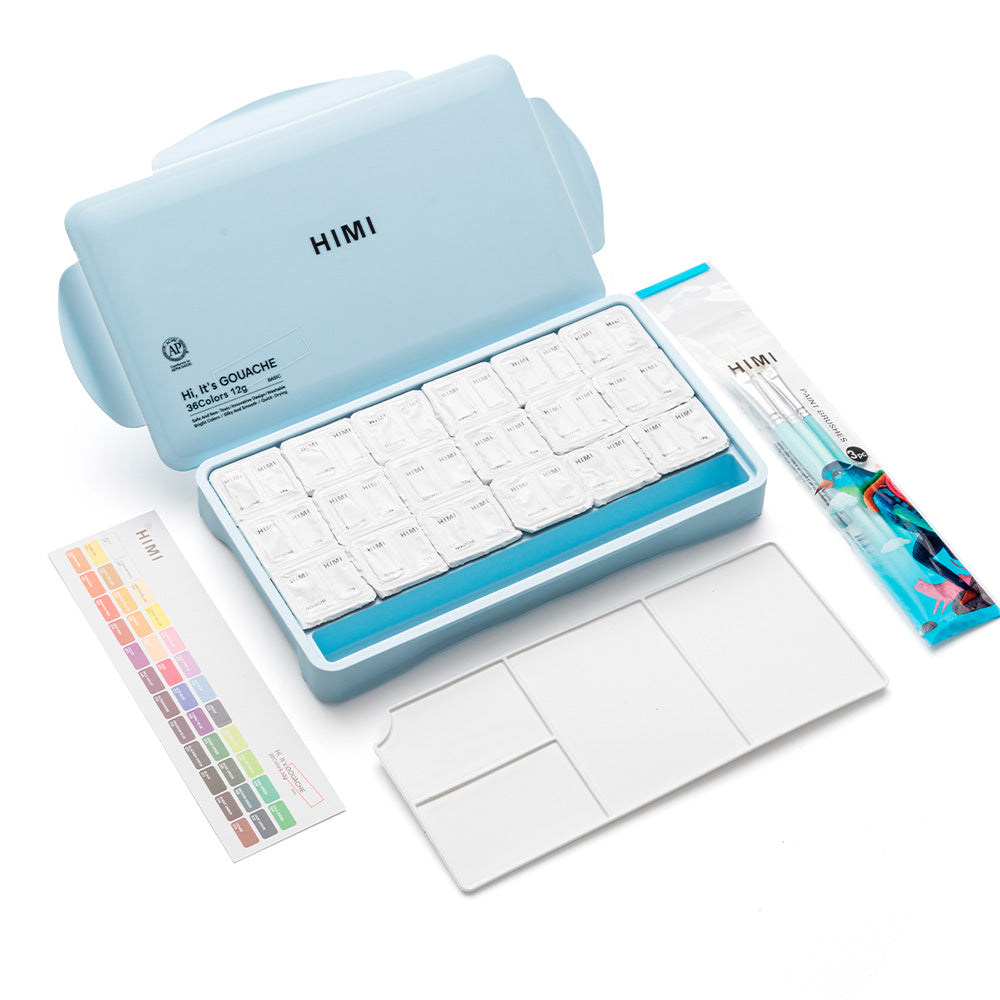 HIMI SET GOUACHE 36 COLORES / 12GR + INCLUYE 3 PINCELES ESTUCHE AZUL