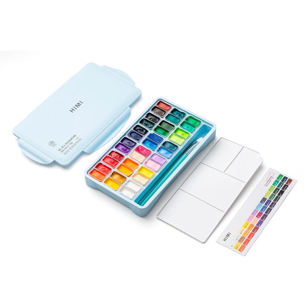 HIMI SET GOUACHE 36 COLORES / 12GR + INCLUYE 3 PINCELES ESTUCHE AZUL