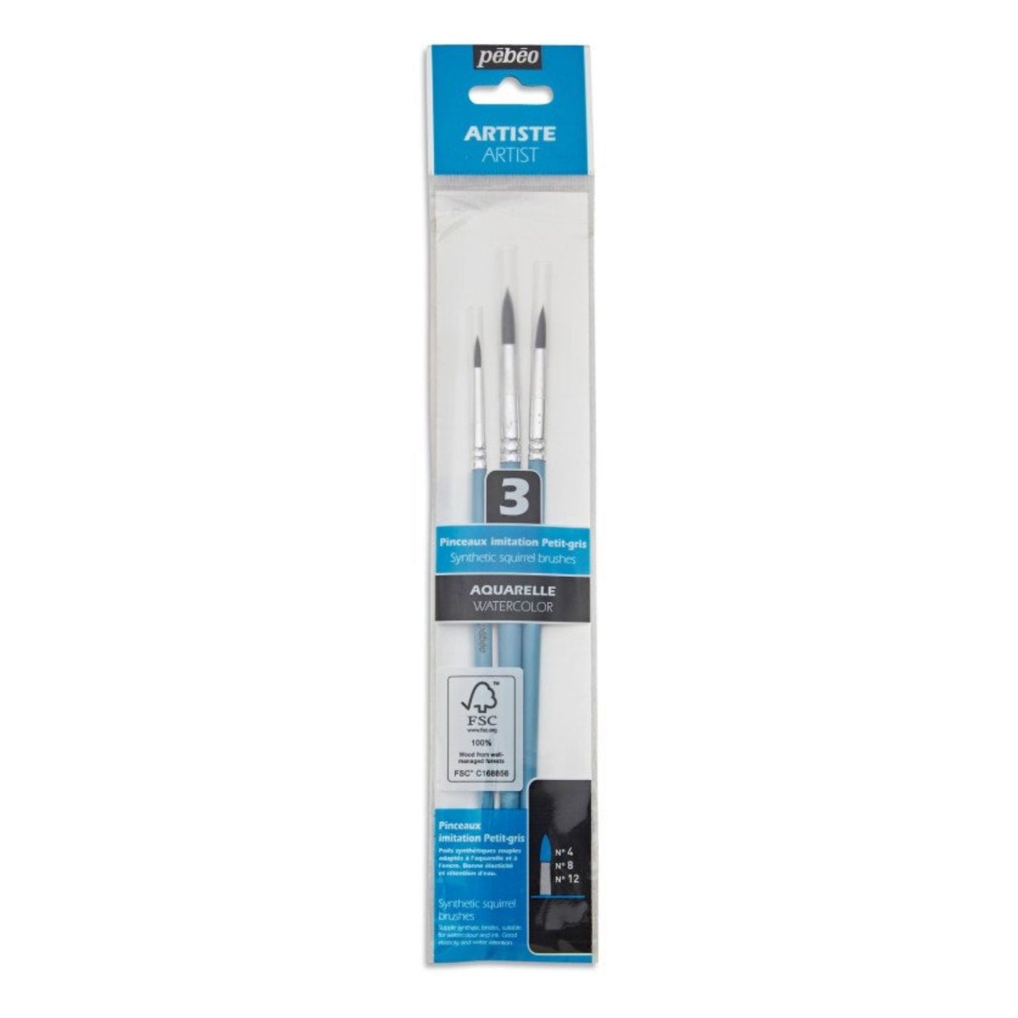 Set 3 Pinceles para Acuarela Punta Redonda (4, 8 y 12) Pebeo Arstiste