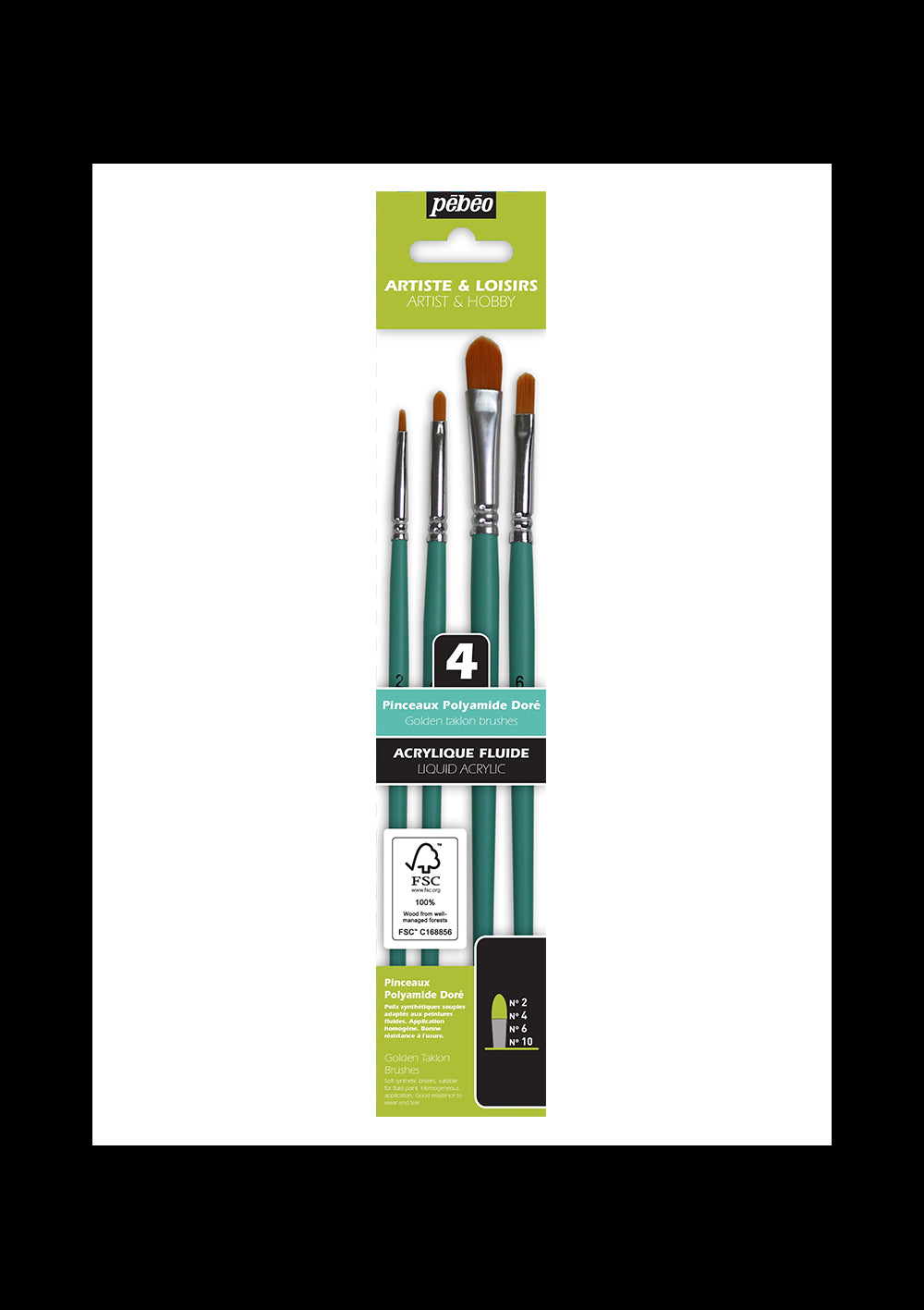 Set 4 Pinceles para Acrilico y Oleo Punta Biceldad (2, 4, 6 y 10) Pebeo Artiste & Loisiris