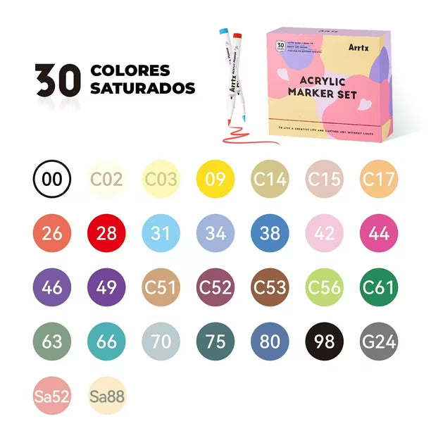 Arrtx 30 Marcadores Acrílicos Punta Pincel 30D