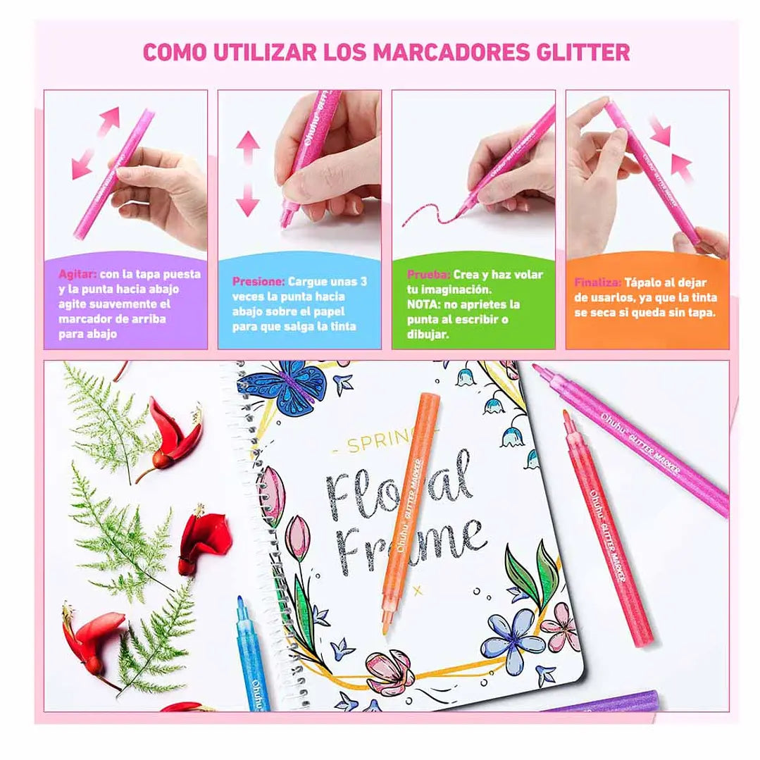 Marcadores Glitter Metálicos Ohuhu 12 Colores