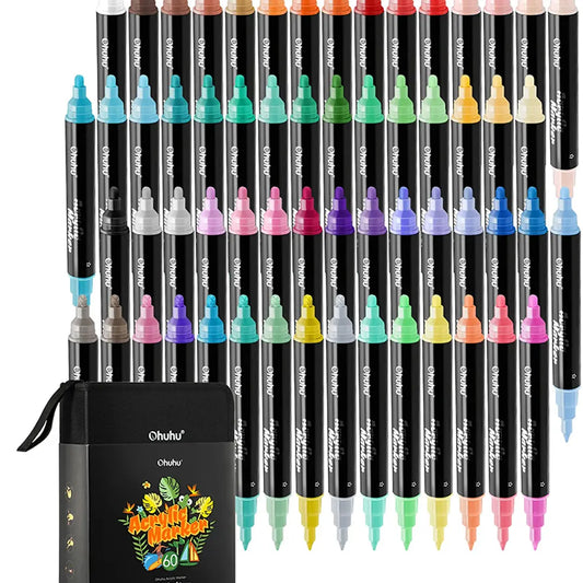 SET MARCADORES ACRÍLICOS PUNTA FINA Y REDONDA KAKAAKO 60 COLORES