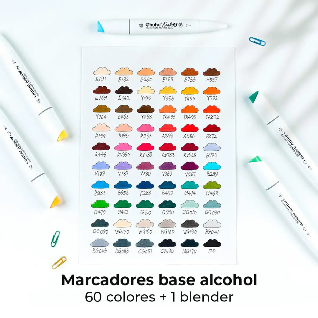 Marcadores base alcohol 60 colores KAALA B (Pincel mini y biselada)