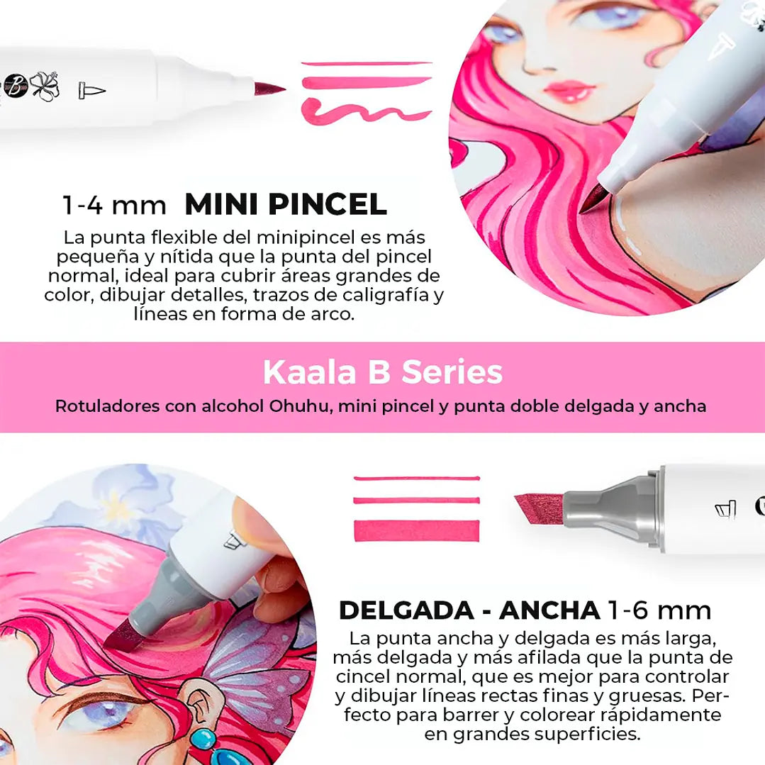 Marcadores base alcohol 60 colores KAALA B (Pincel mini y biselada)