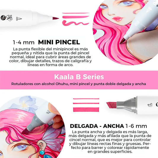 Set de marcadores al alcohol Kaala B Ohuhu 60 colores PUNTA BISELADA LARGA Y MINI PINCEL