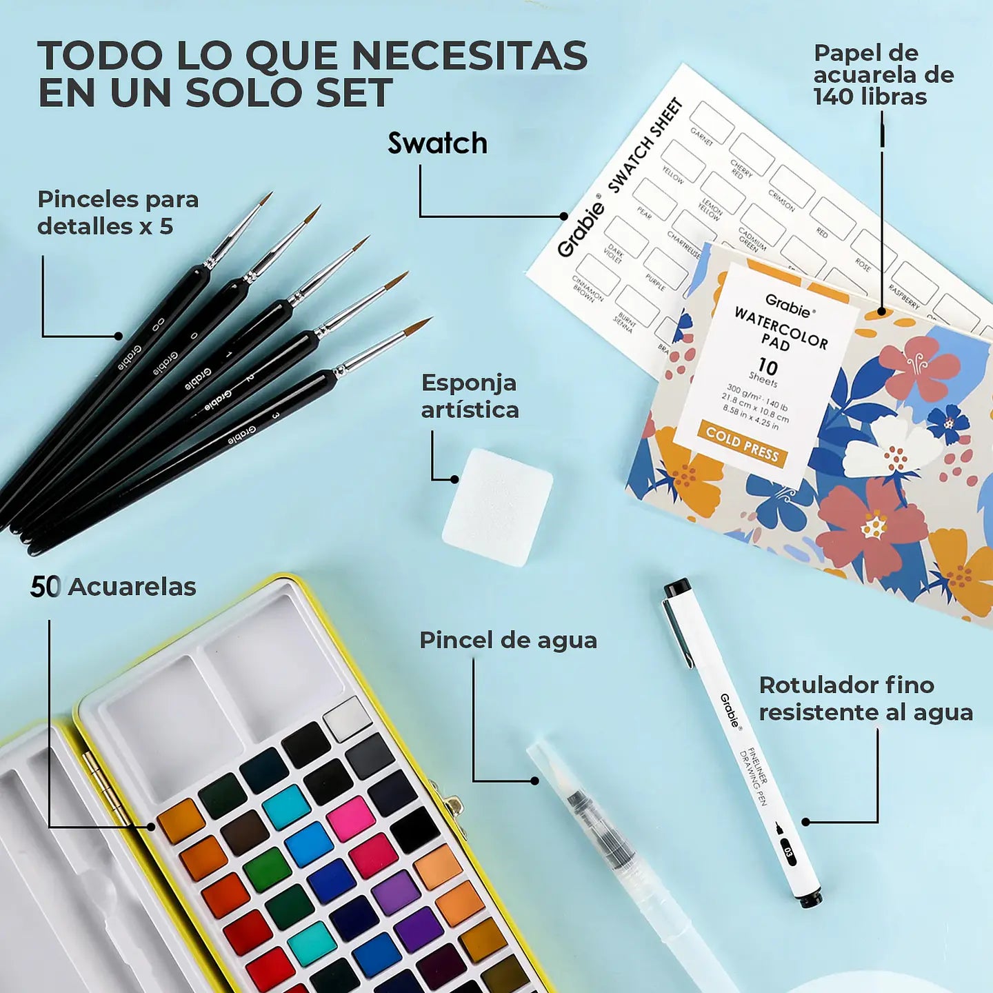 Set de acuarelas Grabie PREMIUM 50 colores TODO EN UNO