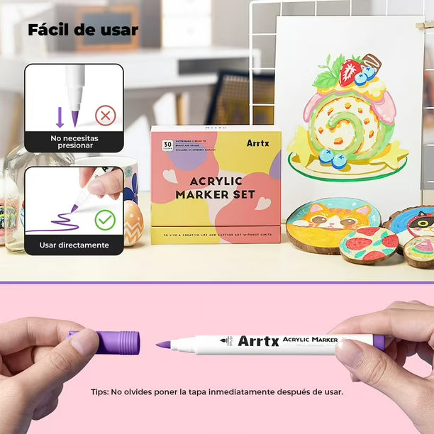 Arrtx 30 Marcadores Acrílicos Punta Pincel 30D