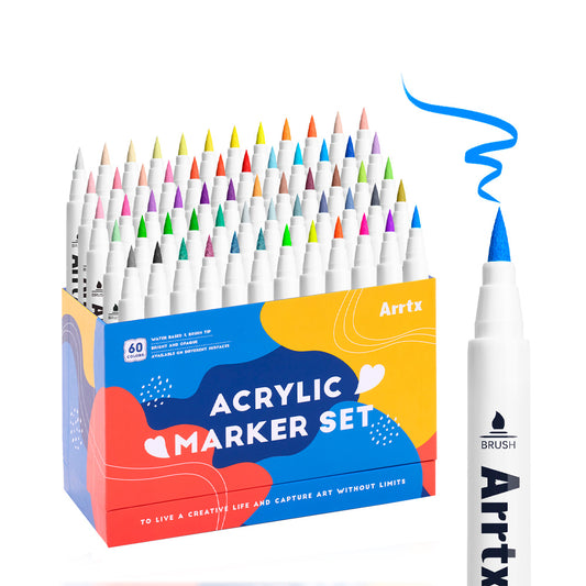 ARRTX MARCADORES DE ACRÍLICO 60 COLORES PUNTA PINCEL (50 REGULARES 4 METÁLICOS 6 NEÓN)