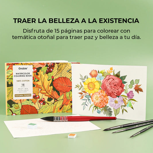 LIBRO PARA COLOREAR DE ACUARELA CON TEMÁTICA OTOÑAL (15 HOJAS 300 GSM) Grabie
