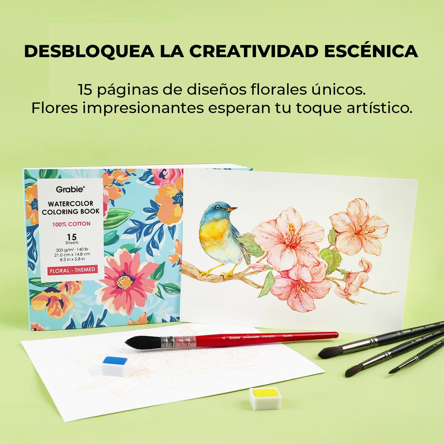 LIBRO PARA COLOREAR DE ACUARELA CON TEMÁTICA FLORAL (15 HOJAS 300 GSM) Grabie