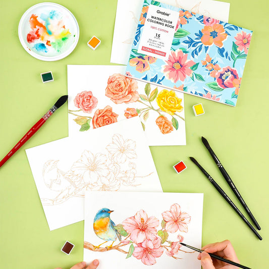 LIBRO PARA COLOREAR DE ACUARELA CON TEMÁTICA FLORAL (15 HOJAS 300 GSM) Grabie