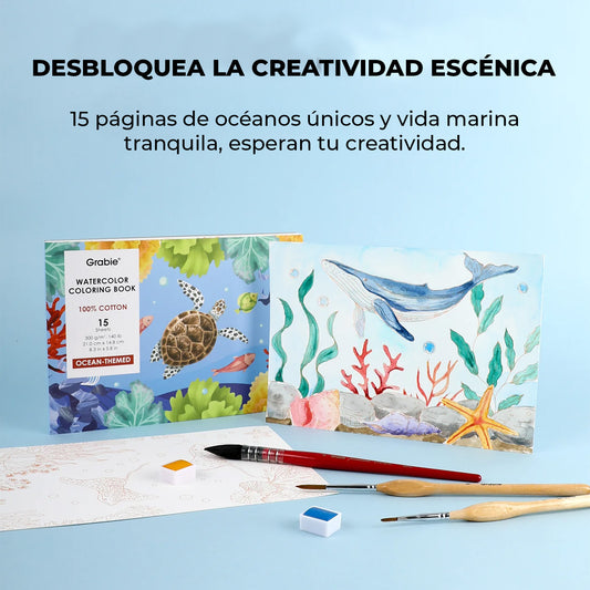 LIBRO PARA COLOREAR DE ACUARELA CON TEMÁTICA OCEÁNICA (15 HOJAS 300 GSM) Grabie