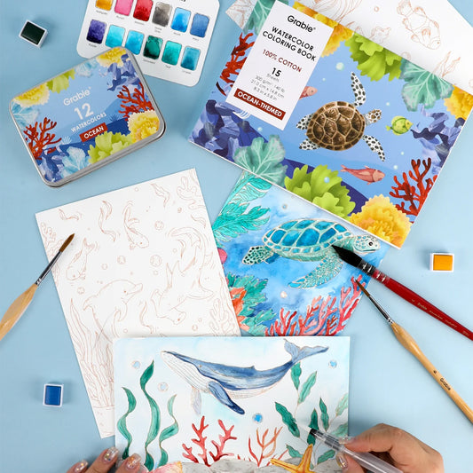 LIBRO PARA COLOREAR DE ACUARELA CON TEMÁTICA OCEÁNICA (15 HOJAS 300 GSM) Grabie