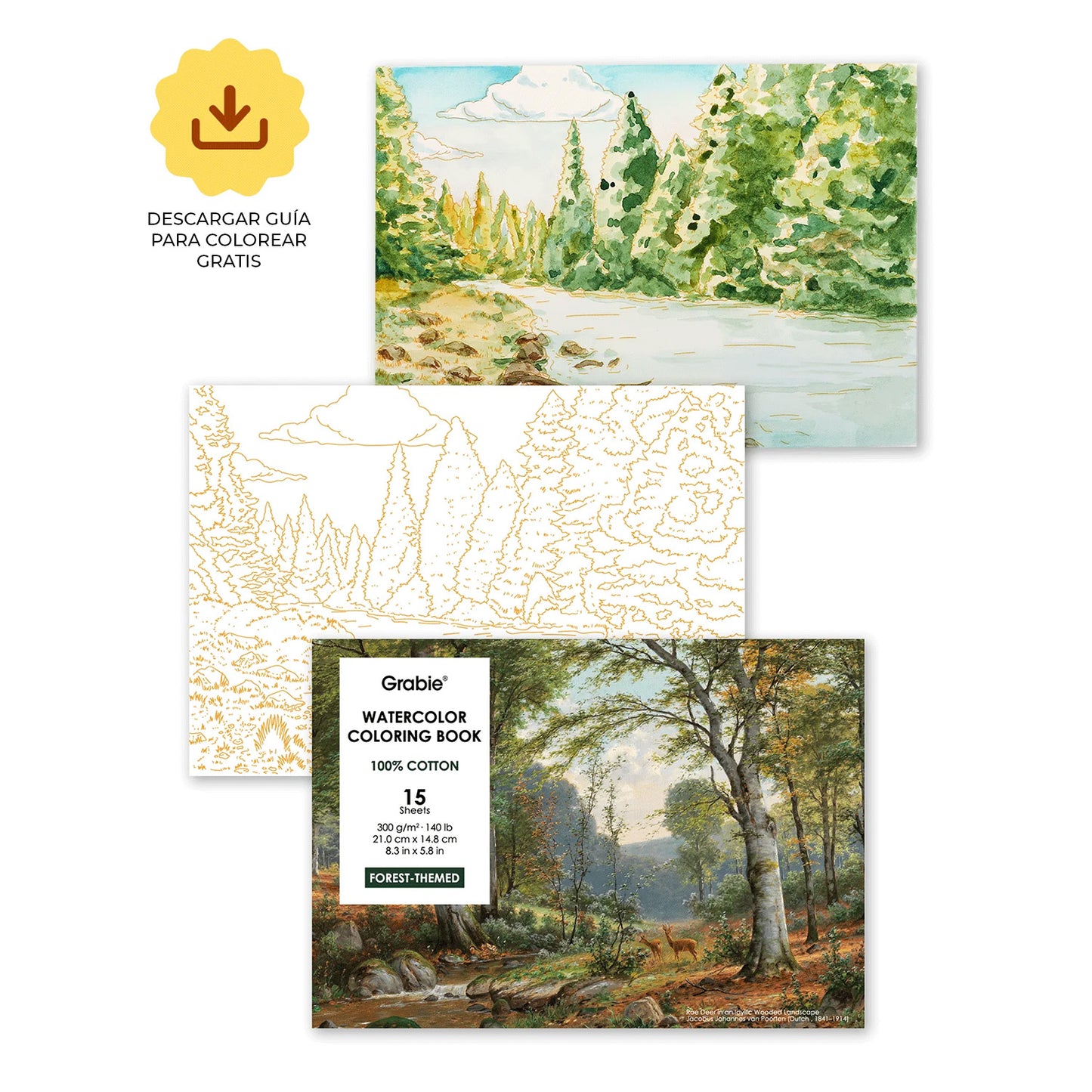 LIBRO PARA COLOREAR DE ACUARELA CON TEMÁTICA BOSQUE (15 HOJAS 300 GSM) Grabie