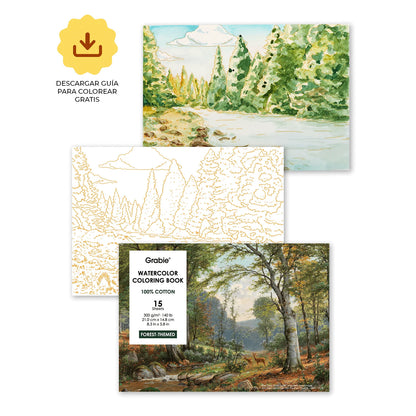 LIBRO PARA COLOREAR DE ACUARELA CON TEMÁTICA BOSQUE (15 HOJAS 300 GSM) Grabie