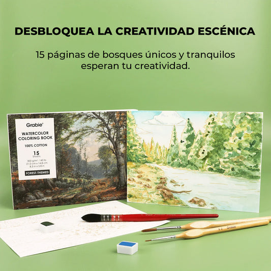 LIBRO PARA COLOREAR DE ACUARELA CON TEMÁTICA BOSQUE (15 HOJAS 300 GSM) Grabie