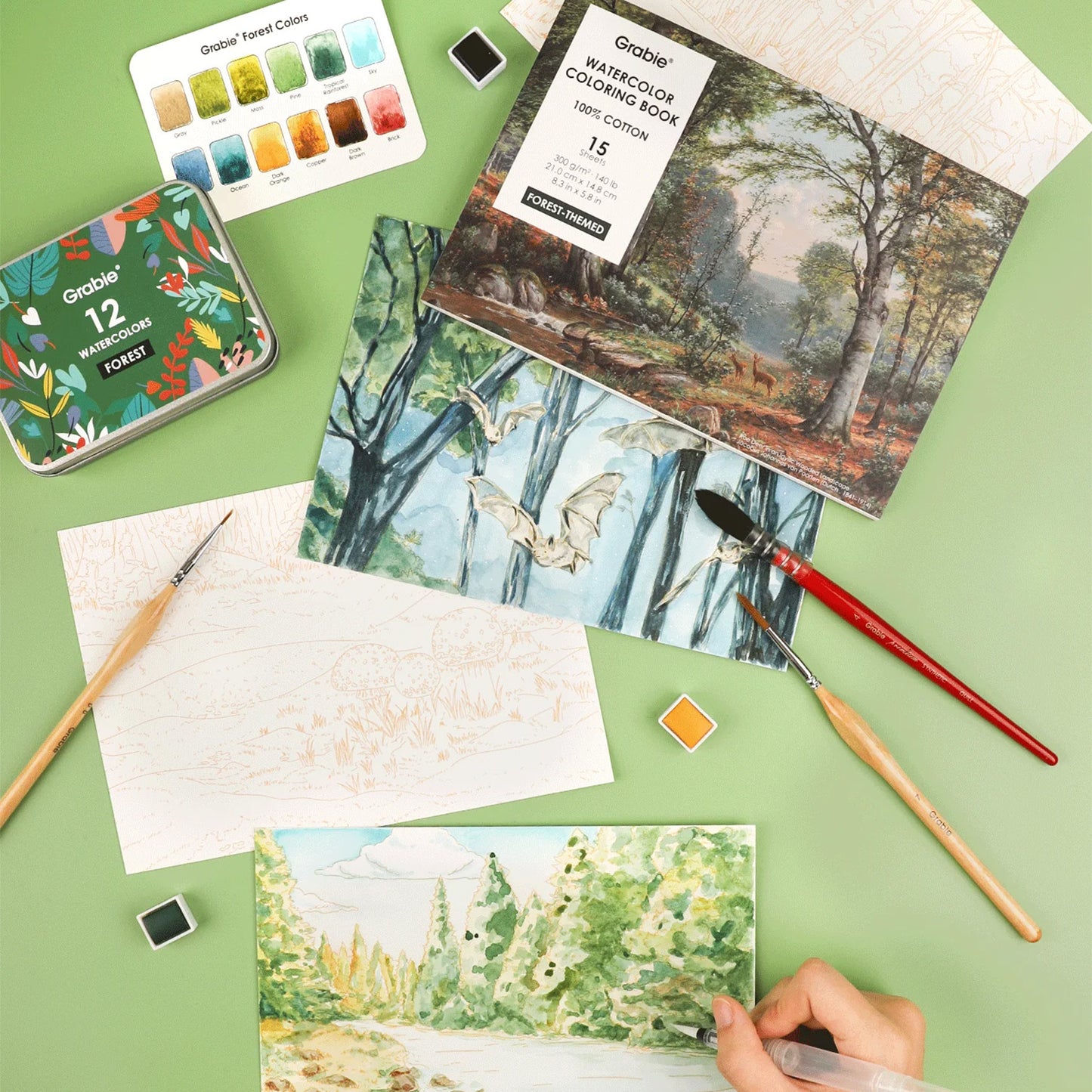 LIBRO PARA COLOREAR DE ACUARELA CON TEMÁTICA BOSQUE (15 HOJAS 300 GSM) Grabie
