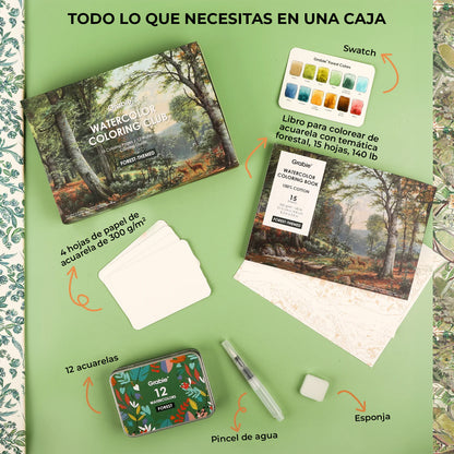 COLORING CLUB - CAJA PARA COLOREAR CON ACUARELA DE TEMÁTICA BOSQUE