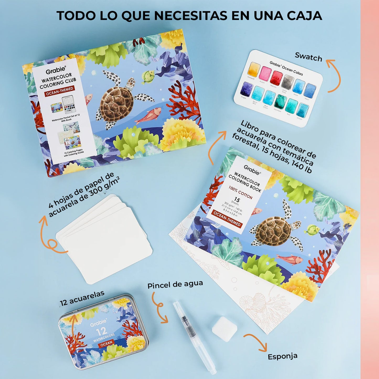 COLORING CLUB - CAJA PARA COLOREAR CON ACUARELA DE TEMÁTICA OCEANO