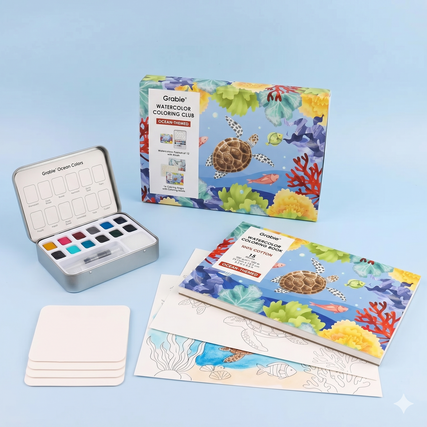 COLORING CLUB - CAJA PARA COLOREAR CON ACUARELA DE TEMÁTICA OCEANO