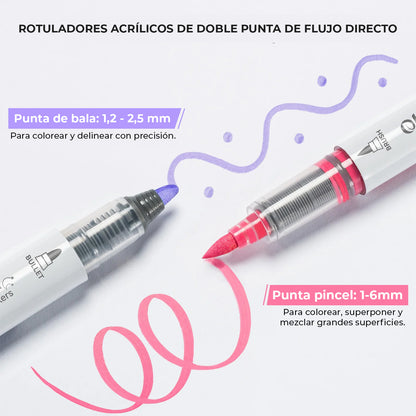 WAIMOKU 24 MARCADORES PINTURA ACRÍLICA FLUJO DIRECTO DOBLE PUNTA PINCEL Y BALA