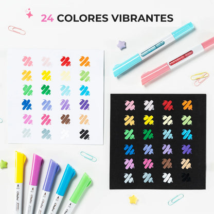 WAIMOKU 24 MARCADORES PINTURA ACRÍLICA FLUJO DIRECTO DOBLE PUNTA PINCEL Y BALA
