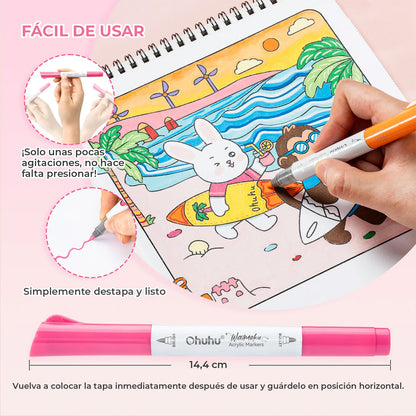 WAIMOKU 24 MARCADORES PINTURA ACRÍLICA FLUJO DIRECTO DOBLE PUNTA PINCEL Y BALA
