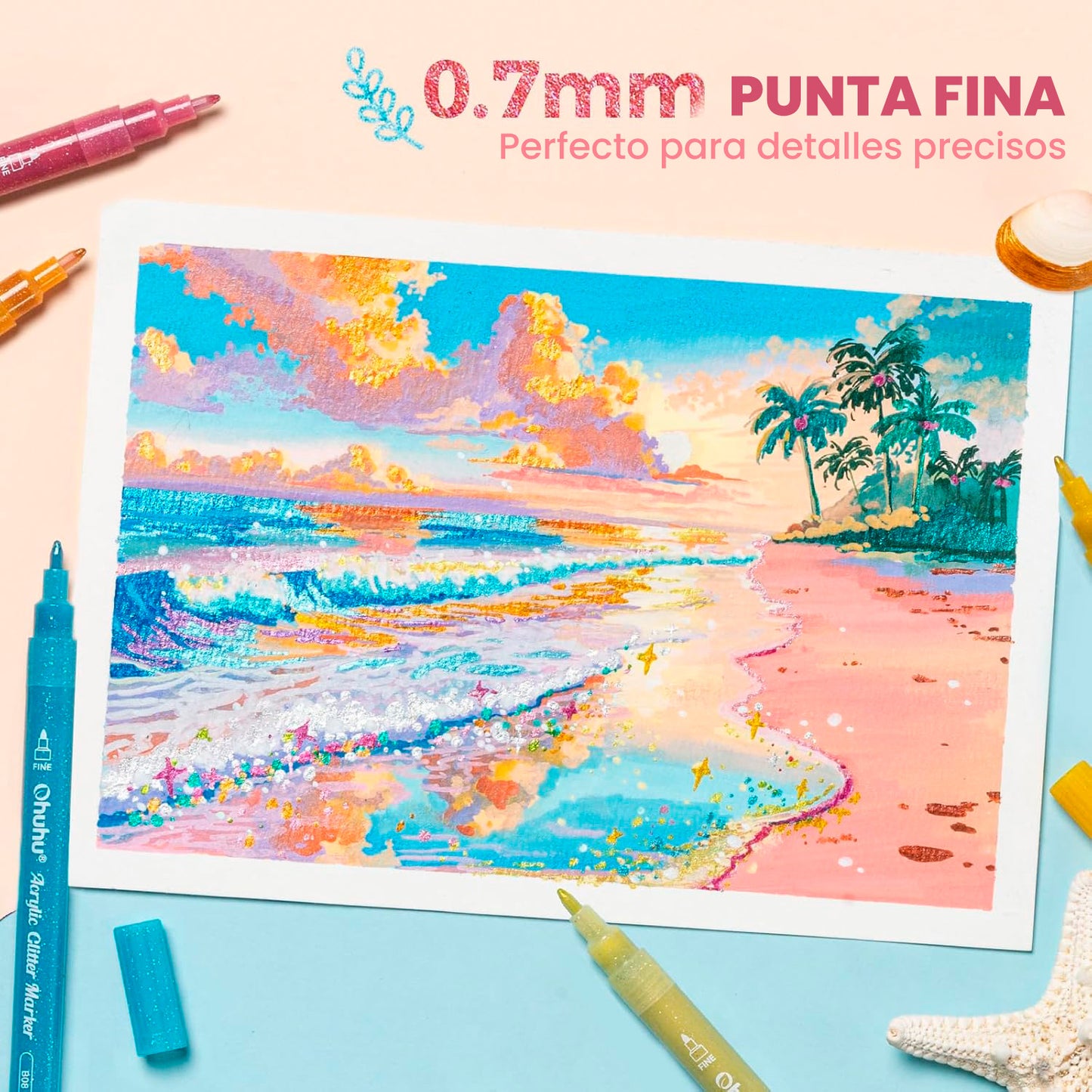 OHUHU 24 MARCADORES GLITTER METÁLICOS PURPURINA PUNTA 0,7MM