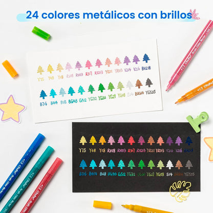 OHUHU 24 MARCADORES GLITTER METÁLICOS PURPURINA PUNTA 0,7MM