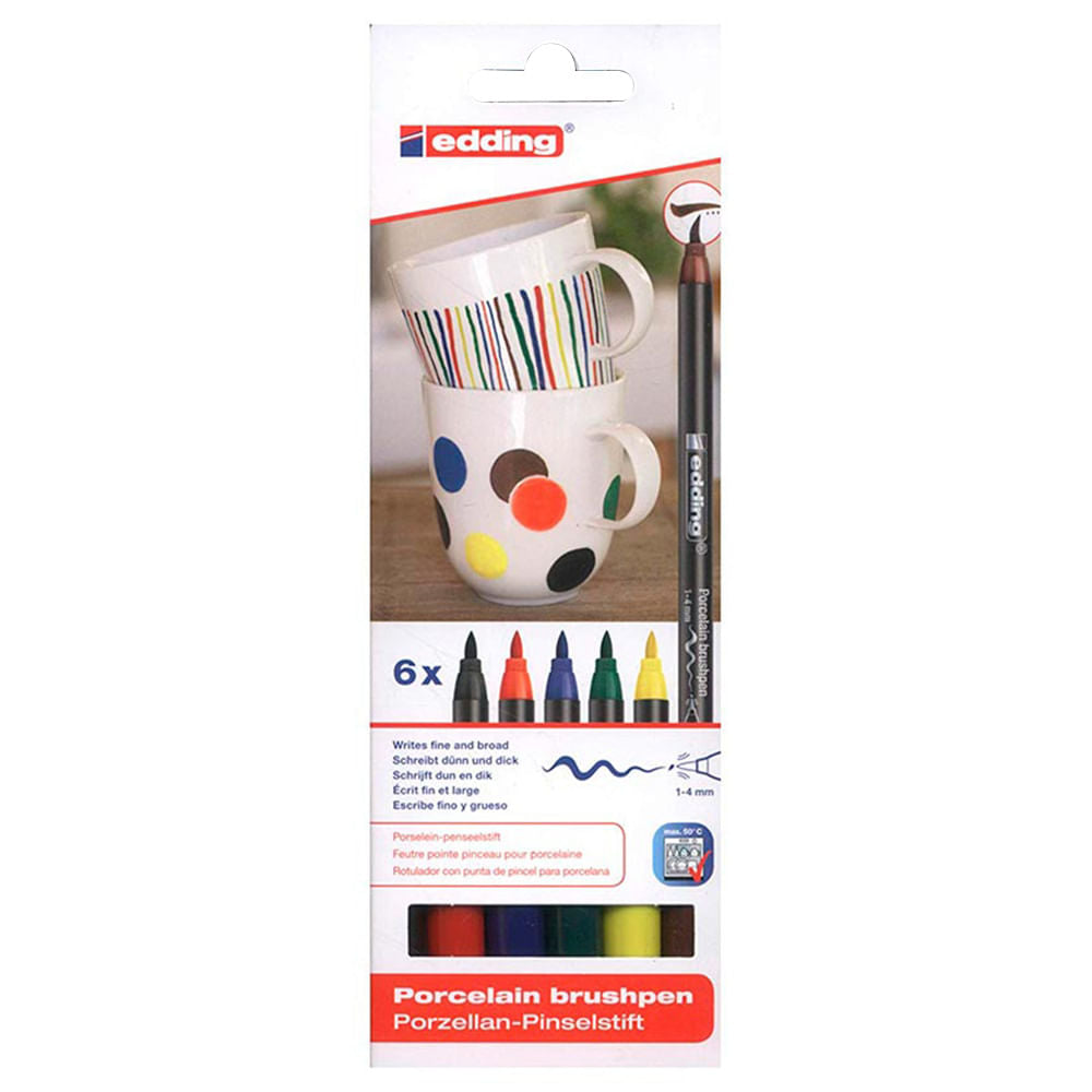 Marcadores Punta Pincel para Porcelana Colores Base Edding Pack 6 Unidades