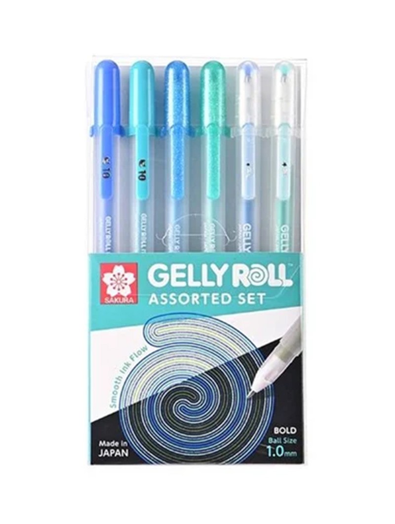 Lápices Gel Gelly Roll Sakura Variados Set 6 Colores Azules y Verdes 1.0mm