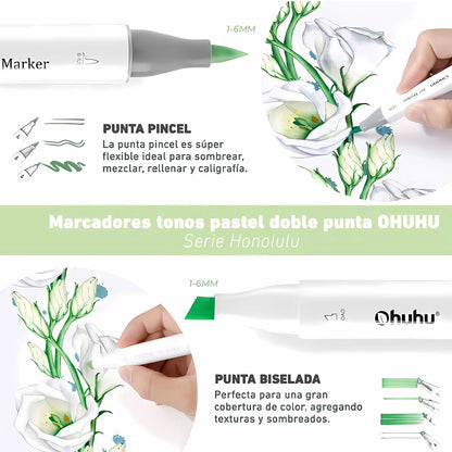 OHUHU 48 Colores pasteles Florecientes Pincel y Fina