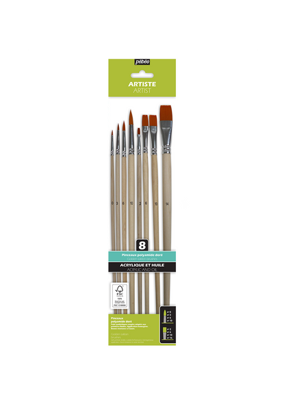 Pinceles Pebeo Acrílico y Óleo Set 8 Pelo Taklon Dorado