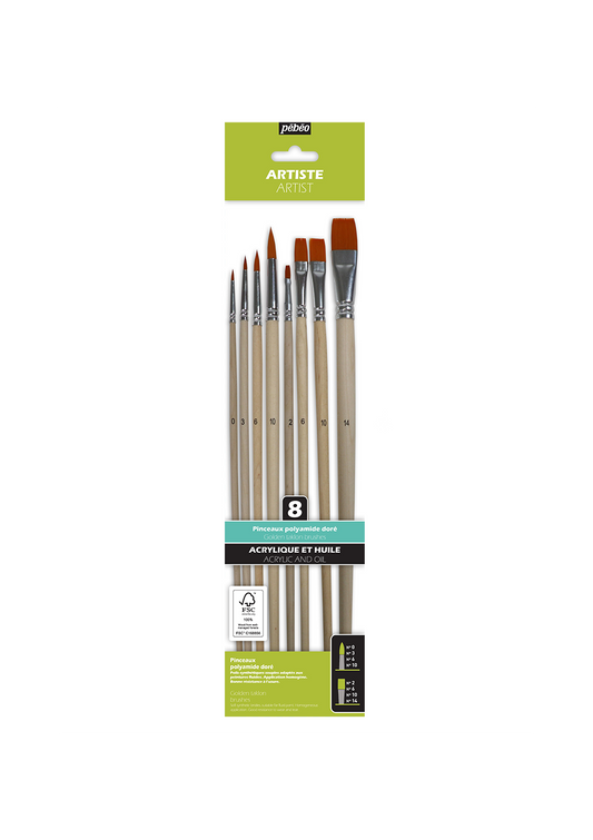 Pinceles Pebeo Acrílico y Óleo Set 8 Pelo Taklon Dorado
