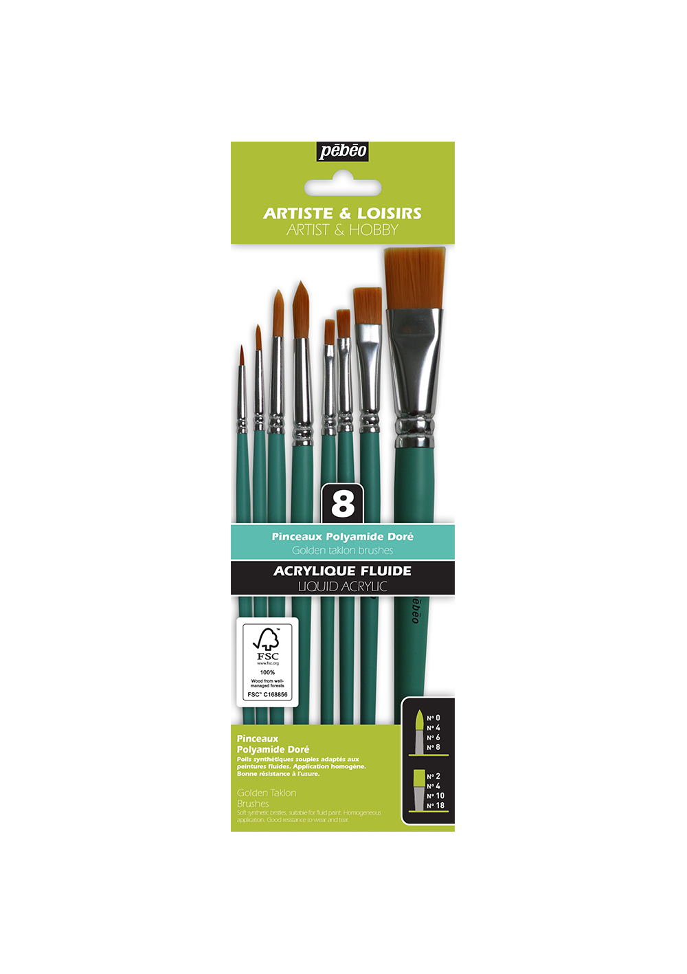 Pinceles Pebeo Acrílico Fluido Set 8 Redondos y Planos