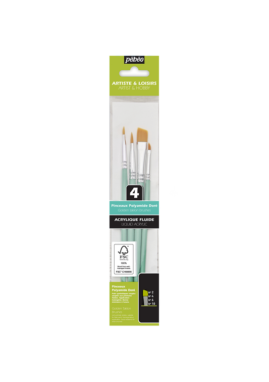 Set 4 Pinceles para Acrilico y Oleo Punta Biceldad (2, 4, 6 y 10) Pebeo Artiste & Loisiris