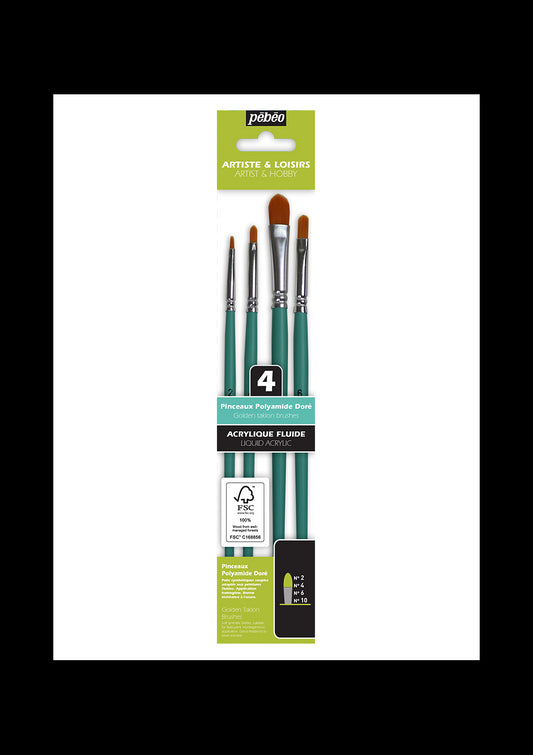 Set 4 Pinceles para Acrilico y Oleo Punta Biceldad (2, 4, 6 y 10) Pebeo Artiste & Loisiris