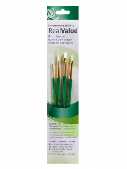 Pinceles Princeton RealValue Mango Corto Verde Pelo Sintético Taklon Blanco Set 4